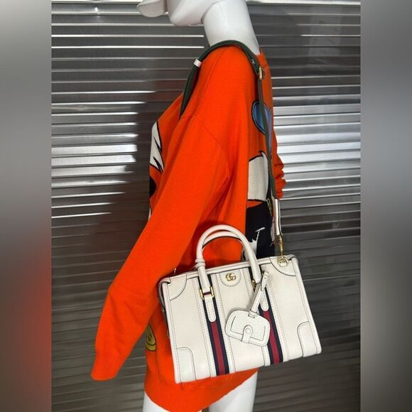 Authentic Gucci Web Sherry Line 2 Way Small Bauletto Leather Bag 715772 White - Picture 15 of 16